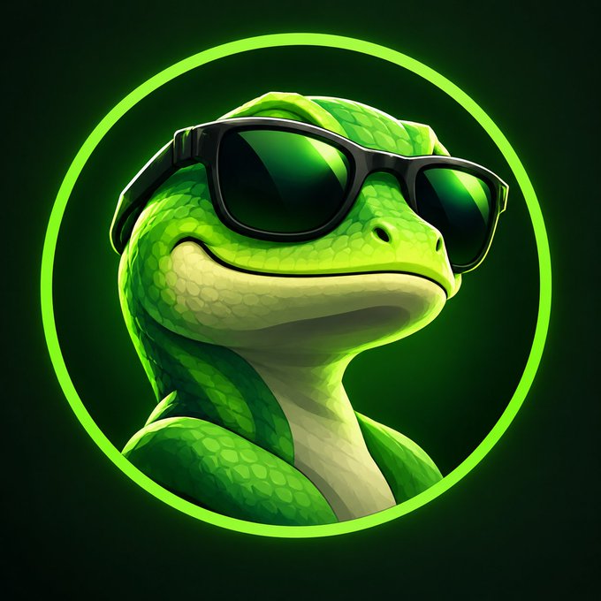 A digital illustration of a green lizard or snake wearing black sunglasses, encircled by a glowing neon green ring on a dark background.