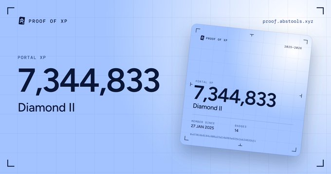 A digital badge from Proof of XP for the 2025-2026 season showing a Portal XP score of 7,344,833 and a Diamond II rank.