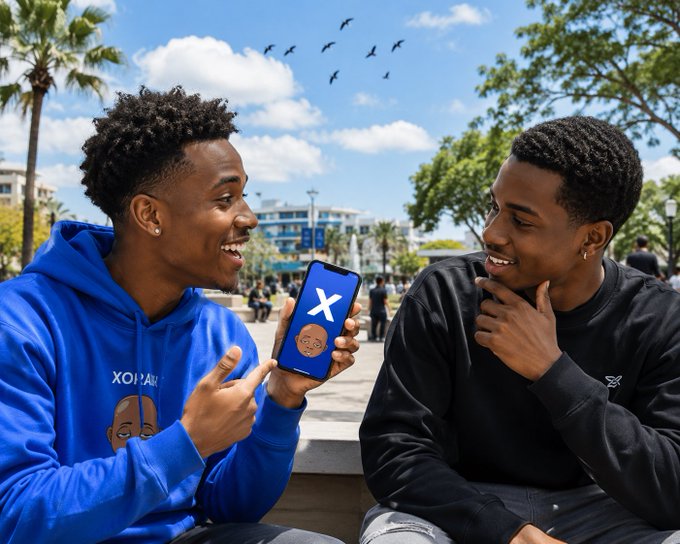 Two young men share a laugh outdoors while one proudly displays his phone showing the XRP logo, visually echoing the post's message about XRP holders watching their assets sit idle—the smiling reaction captured here hints at the "good news" promising to change that.
