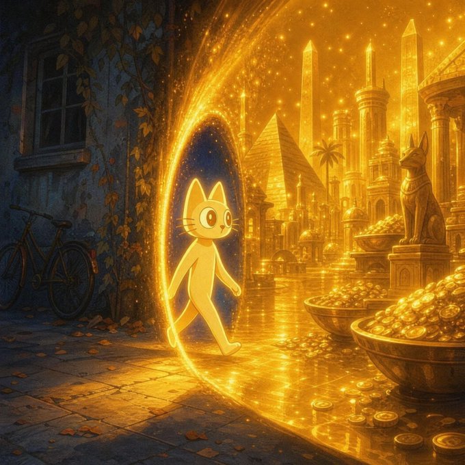 A glowing cartoon cat steps through a shimmering golden portal from a dark, ivy-covered alleyway into a radiant realm filled with Egyptian-style pyramids, obelisks, and overflowing bowls of gold coins—perfectly capturing the post's "new world awaits $CETS @cetsongold" theme of stepping into a treasure-filled new reality.