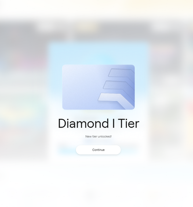 A digital interface showing a 'Diamond I Tier' achievement with a 'New tier unlocked!' message and a 'Continue' button on a blurred background.