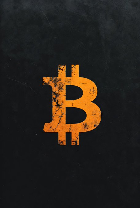 An orange Bitcoin "₿" symbol is displayed against a distressed black background, representing the $BTC cryptocurrency mentioned in the post about Bitcoin trading near $65,000 amid low market activity.