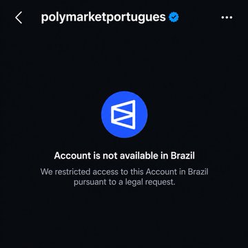The image shows an Instagram screenshot from "polymarketportugues" displaying a message that reads "Account is not available in Brazil" with an explanation that access was limited due to a legal request. This aligns with the post's context, suggesting that Brazil has restricted Polymarket access, coinciding with polling shifts showing Bolsonaro ahead of Lula.