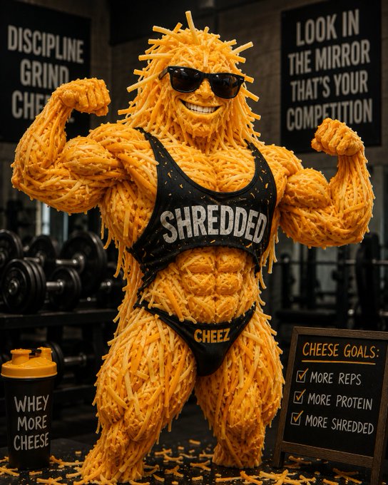 A muscular bodybuilder made entirely of shredded cheese flexes in a gym, wearing a black tank top reading "SHREDDED" and a posing trunks reading "CHEEZ," alongside a chalkboard listing "CHEESE GOALS: More Reps, More Protein, More Shredded" and a shaker bottle labeled "WHEY MORE CHEESE." The image humorously embodies the $SHRED meme coin theme, blending gym culture with cheese to promote the community-driven "spread" of the project.