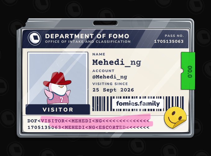A digital ID card graphic for the 'DEPARTMENT OF FOMO' displaying the name 'Mehedi_ng' and account '@Mehedi_ng', issued by 'fomies.family' as a visitor pass.