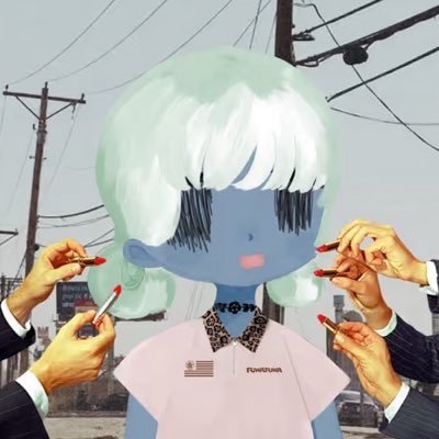 A surreal digital artwork depicting a pale, blue-skinned doll-like figure with white hair and a leopard print collar, surrounded by multiple disembodied hands holding small objects against a backdrop of power lines.