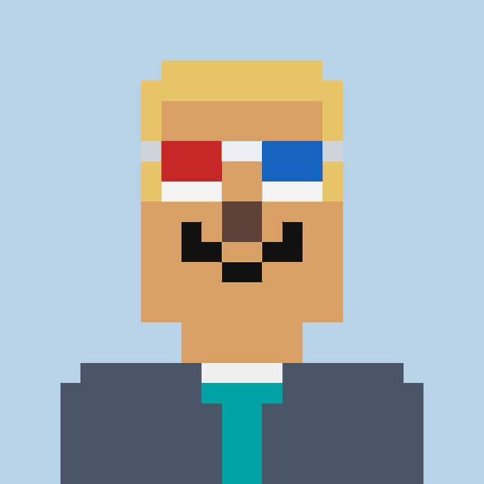 A pixel art portrait of a blonde-haired character with red and blue eyes wearing a dark suit and teal tie on a light blue background.