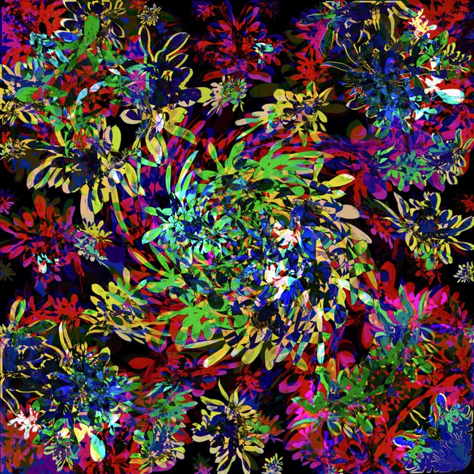 A vibrant, abstract digital pattern featuring colorful floral and leaf-like shapes in neon hues of pink, green, blue, and yellow against a black background.