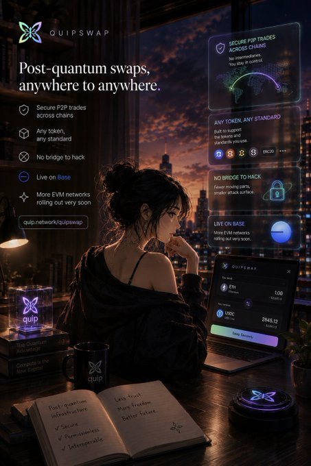 A promotional graphic for 'QUIPSWAP' advertising 'Post-quantum swaps, anywhere to anywhere,' featuring a woman looking out a window and a laptop displaying a crypto swap interface with options like ETH to USDC.