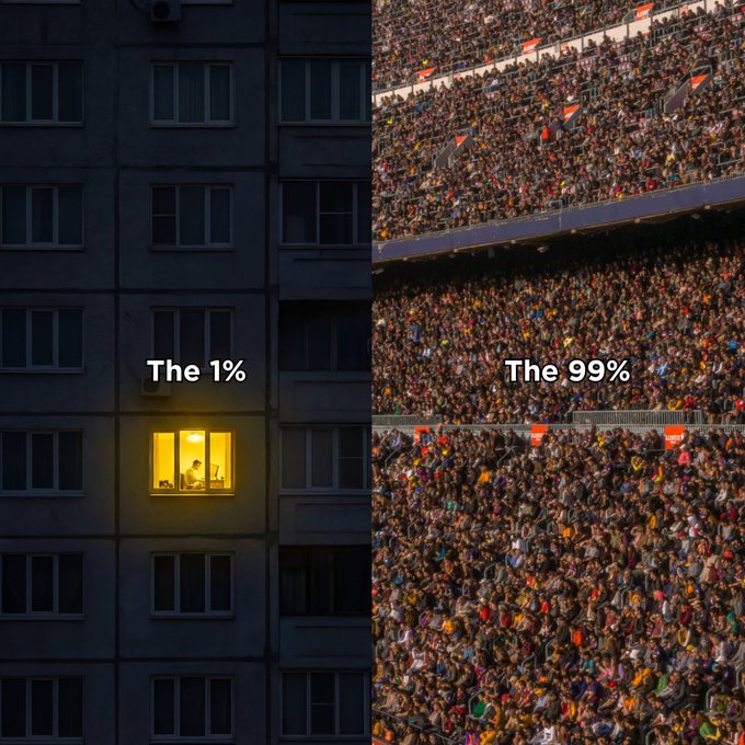 A split image compares "The 1%" showing a single lit window in a dark building against "The 99%" showing a massive stadium crowd.