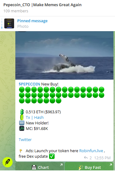 A Telegram group screenshot for 'Pepecoin_CTO | Make Memes Great Again' with 109 members, showing a pinned message about a '$PEPECOIN New Buy!' of 0.513 ETH ($963.97).
