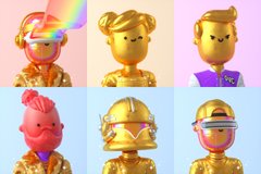A grid of six shiny gold figurines with various hairstyles and accessories, including one with a pink head and another wearing a visor.