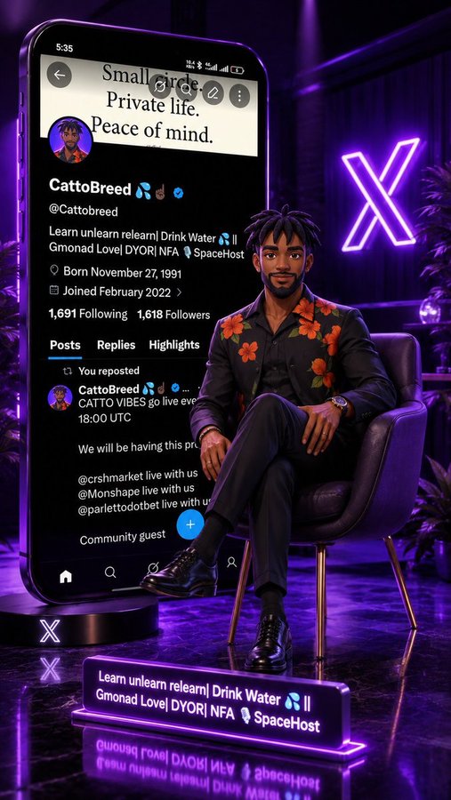 A stylized 3D-rendered figure of a man with dreadlocks in a floral shirt sits beside a giant smartphone displaying the X (formerly Twitter) profile of "CattoBreed" (@Cattobreed), which lists "Gmonad Love| DYOR| NFA" and "SpaceHost" in the bio. A neon "X" logo glows in the purple-lit background, while the foreground sign repeats the bio text, visually reinforcing the post's obsessive "Monad" mantra through its heavy branding across the scene.
