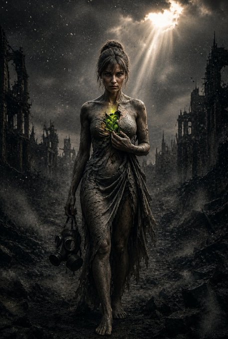 The image features a woman standing in a dark, abandoned area with rubble surrounding her. She holds a green plant in one hand while wearing a mask over her mouth and nose. The background includes ruins of buildings that appear to be destroyed or abandoned.