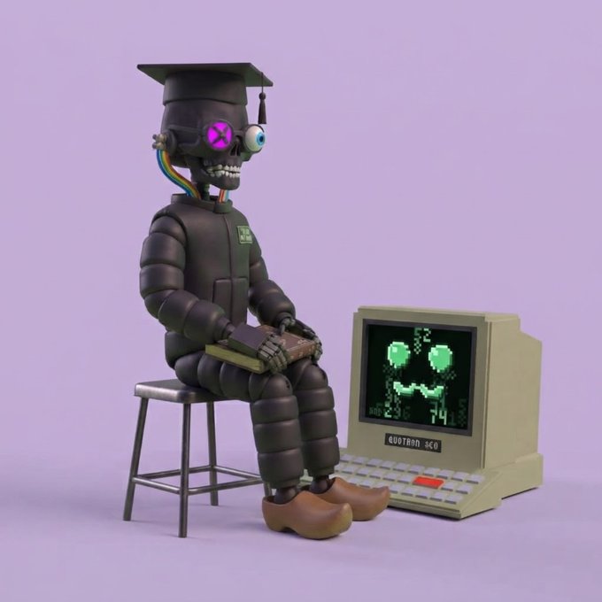 A 3D-rendered toy or figurine of a black robot wearing a graduation cap, sitting on a stool next to a retro computer displaying a pixelated green smiling face.