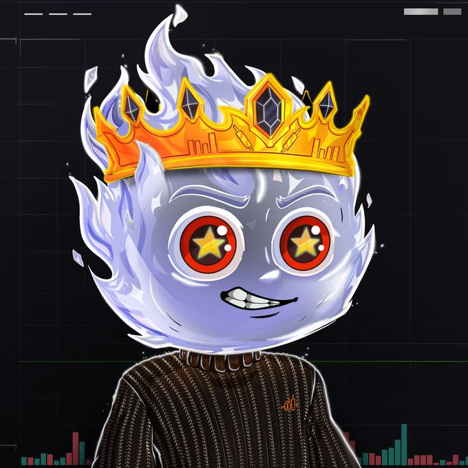 Digital illustration of a purple flame-like creature wearing a golden crown with gems, featuring red eyes with yellow stars, set against a dark background with audio visualizer bars at the bottom.