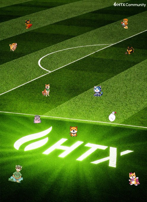 HTX Community promotional graphic featuring cute cartoon animal characters scattered across a green soccer field with the glowing HTX logo at center.