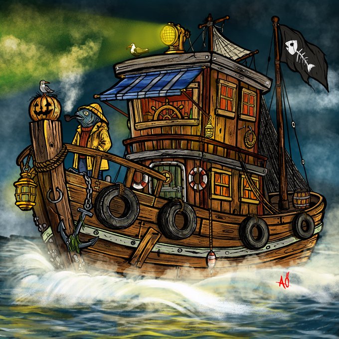 A colorful digital illustration portrays a fisherman in a yellow raincoat standing on a wooden fishing boat with a skull and crossbones flag, navigating through stormy green and blue waters.