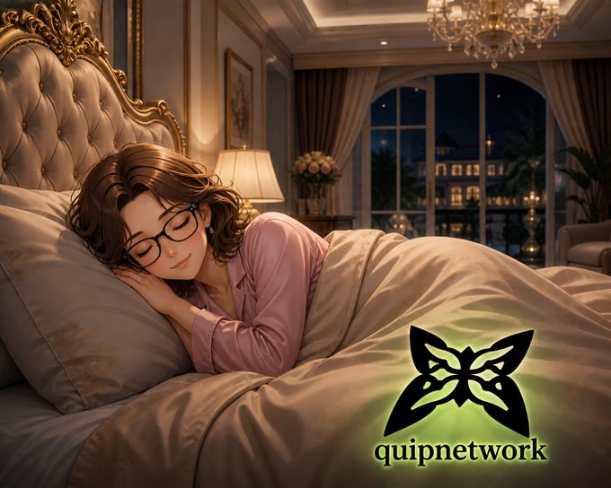An illustrated/anime-style image shows a woman with glasses sleeping peacefully in an ornate bed with a chandelier overhead, featuring a 'quipnetwork' logo with a butterfly design in the lower right corner.