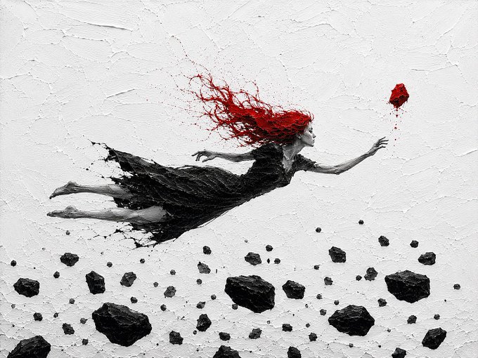 A surreal painting of a pale, red-haired woman in a flowing black dress floating horizontally through a textured white space, reaching toward a red rose, with black rocks scattered below her.