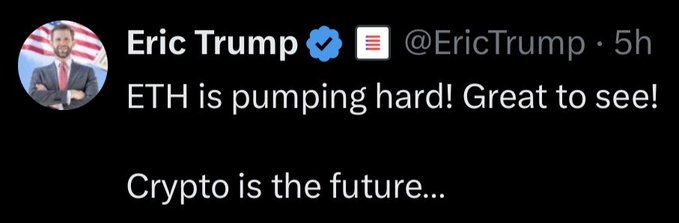 A tweet from verified account @EricTrump reading "ETH is pumping hard! Great to see! Crypto is the future..." with his profile photo visible. The accompanying post highlights the irony, noting Eric Trump bull-posted ETH around $2.8k only for it to drop to ~$1.4k, suggesting $1,200-$1,550 as a better buying opportunity.