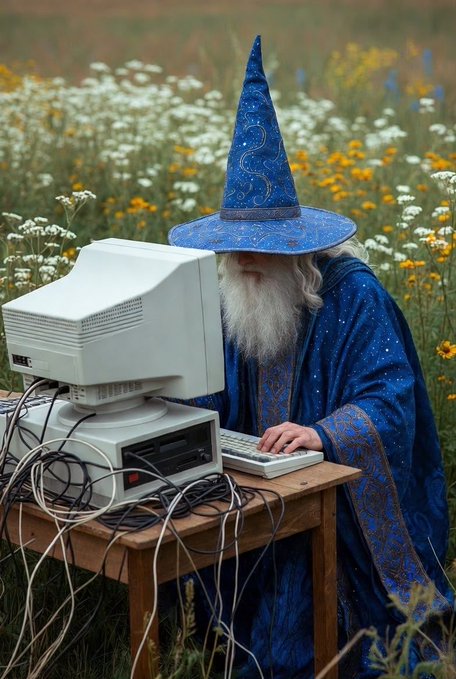 A wizard with a long white beard, wearing a tall blue star-patterned hat and matching robe, types on an old CRT computer in a field of wildflowers.