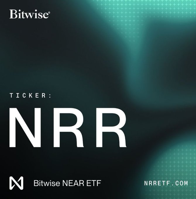 A Bitwise advertisement for the Bitwise NEAR ETF featuring the ticker symbol 'NRR' in large white text on a dark teal background, with the website 'NRRETF.com' displayed.