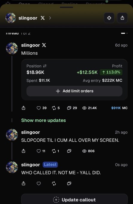 A screenshot of a social media thread by user "slingoor" showing a crypto trading callout for "Millions" with a position of $18.96K and profit of +$12.55K (113.0%), alongside posts captioned "SLOPCORE TIL I CUM ALL OVER MY SCREEN" and "WHO CALLED IT. NOT ME - YALL DID." The accompanying post attacks "chairman" copytraders while the user positions himself as an independent cook who finds alpha for small traders.