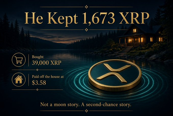 An XRP-themed graphic titled 'He Kept 1,673 XRP' shows a gold XRP coin on a lake at night with text noting 'Bought 39,000 XRP' and 'Paid off the house at $3.58 - Not a moon story. A second-chance story.'