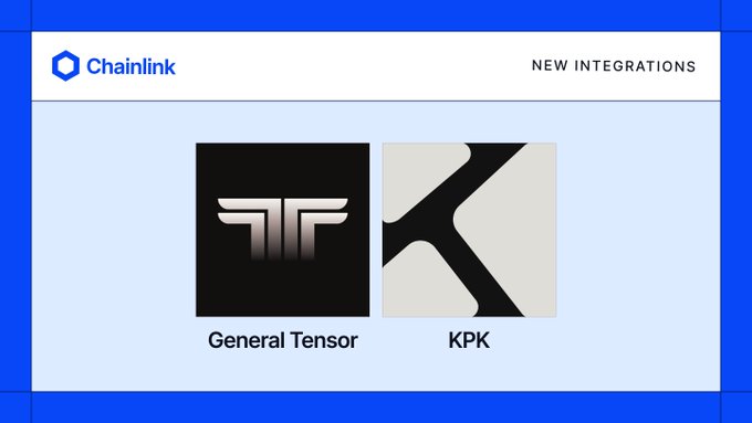 Chainlink 'New Integrations' announcement page featuring logos for General Tensor and KPK on a light blue background.