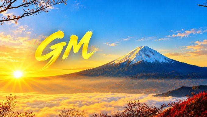 A scenic landscape showing snow-capped Mount Fuji rising above a sea of golden clouds at sunrise, with yellow stylized text reading 'GM' overlaid in the sky.
