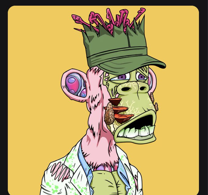 A stylized Bored Ape Yacht Club ape with pink fur, green skin, a spiked green hat, and a lab coat, set against a solid yellow background.