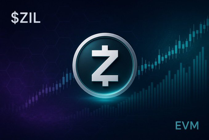 A promotional graphic for the $ZIL cryptocurrency, featuring its logo with a Z symbol on a dark blue background alongside a rising stock chart, labeled 'EVM' in the corner.