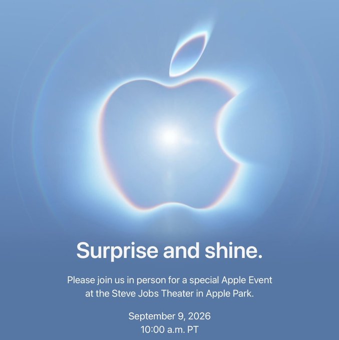 An Apple event invitation featuring a glowing rainbow Apple logo with the tagline 'Surprise and shine,' inviting attendees to the Steve Jobs Theater in Apple Park on September 9, 2026 at 10:00 a.m. PT.