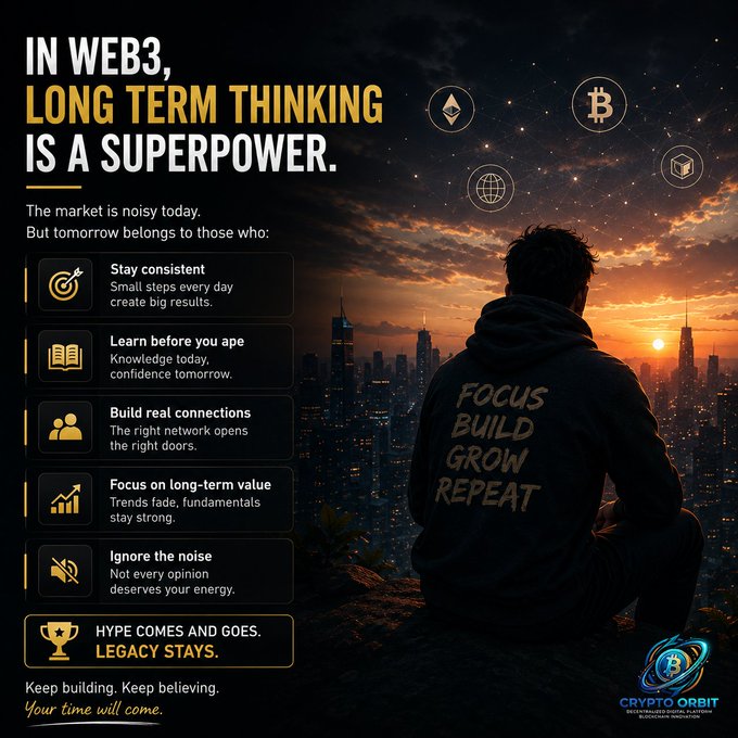 A motivational poster titled 'IN WEB3, LONG TERM THINKING IS A SUPERPOWER' featuring a person with 'FOCUS BUILD GROW REPEAT' on their back, overlooking a city at sunset, with advice like 'Stay consistent' and 'Ignore the noise', branded by 'CRYPTO ORBIT'.