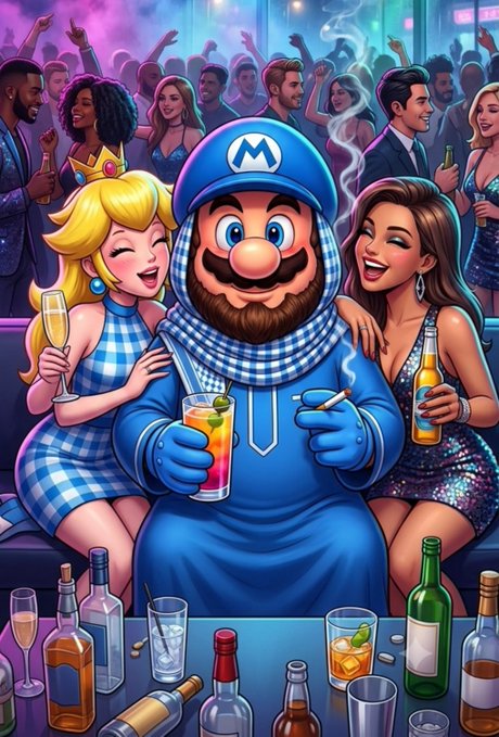 A colorful, stylized illustration depicts a bearded character dressed as Mario, smoking a cigarette and holding a drink, flanked by two women in a party setting with bottles and glasses in the foreground.