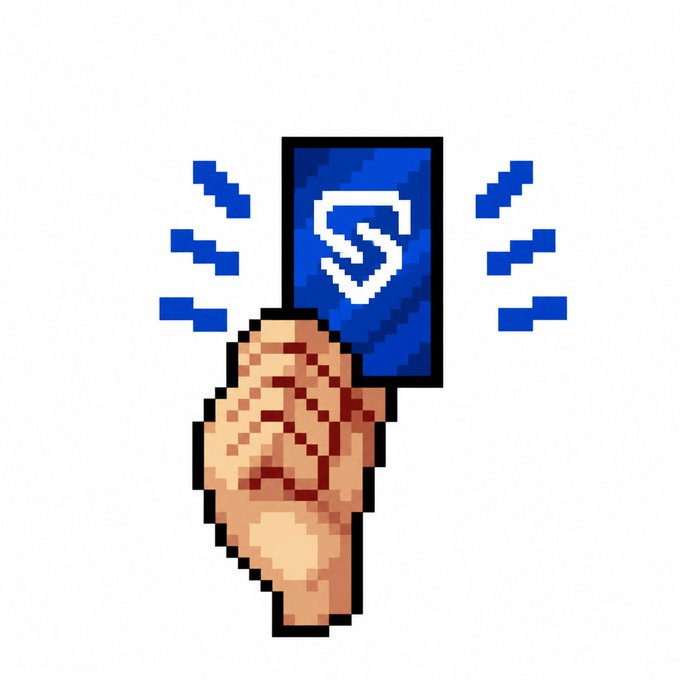 A pixelated hand holds up a blue card featuring a white "S" logo, with motion lines suggesting it's being presented proudly. The image illustrates the post's message about the Chase Sapphire card being a rewarding "blue card" worth showing off for those passionate about its benefits.