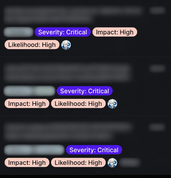 Three identical stacked screenshots showing dark UI cards labeled with 'Severity: Critical', 'Impact: High', and 'Likelihood: High' alongside an anime avatar.