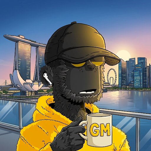 A cartoon gorilla wearing a cap and yellow jacket holds a mug labeled 'GM' against a Singapore skyline featuring Marina Bay Sands.