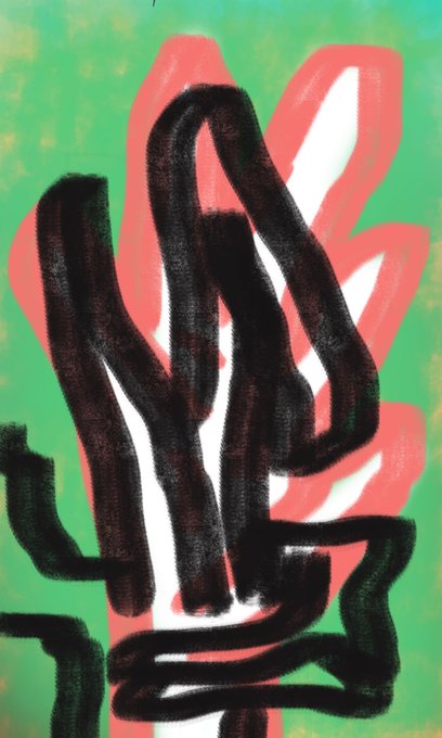 An abstract painting featuring thick, black, twisting lines layered over a pink/red petal-like shape against a bright green background.