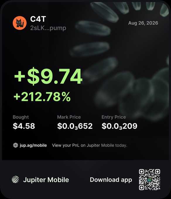 A trading app screenshot from Jupiter Mobile dated Aug 26, 2026 shows a C4T (2sLK...pump) position with +$9.74 (+212.78%) profit, bought at $4.58 with a mark price of $0.03652 and entry price of $0.03209.