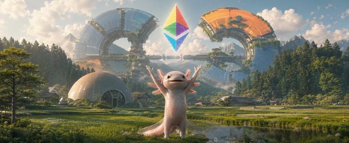 A whimsical axolotl stands in a lush valley with its arms raised toward a glowing Ethereum logo, set against a backdrop of large futuristic ring-shaped structures—visually symbolizing the Ethereum Foundation partnership highlighted in the $RAXOL post.