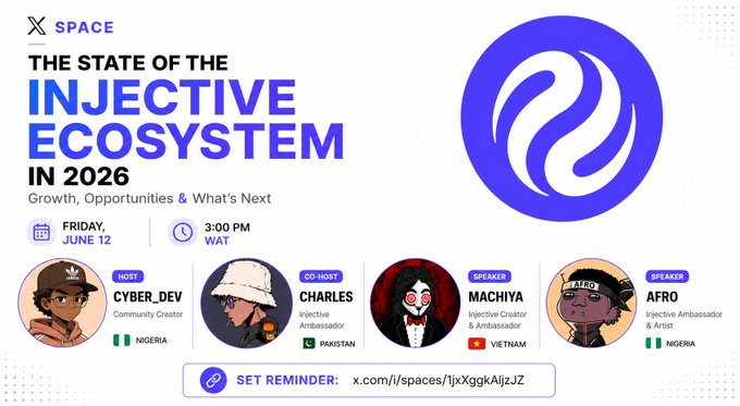 The image features a poster for an event titled "The State of The Injective Ecosystem in 2016" scheduled for Friday, November 13 at 3:00 PM. The poster includes a list of speakers including Machi, who will be presenting on the topic. The poster also mentions that there are five different people featured and their names can be found below each speaker's name.