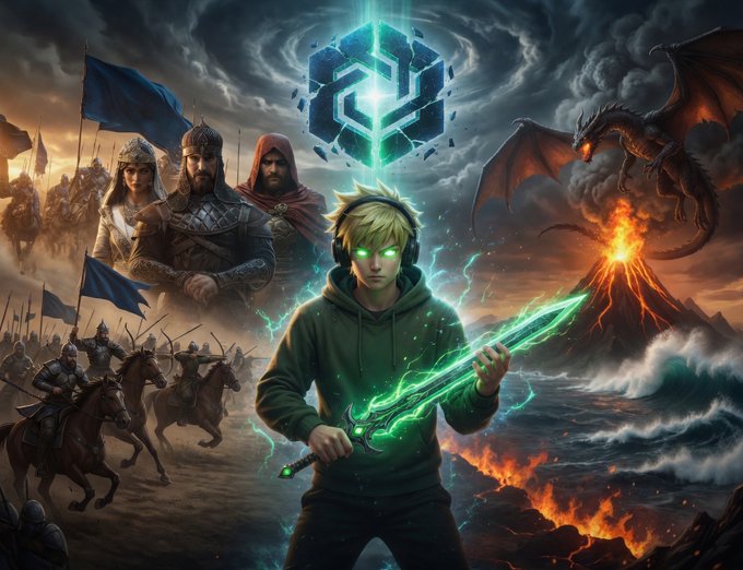 The image features a young man holding a sword, surrounded by various characters including knights, dragons, and other mythical creatures. The scene takes place in a fantasy setting with elements such as mountains and lava. The post seems to be related to gaming or content creation, possibly discussing the new games that were released during the month of May.