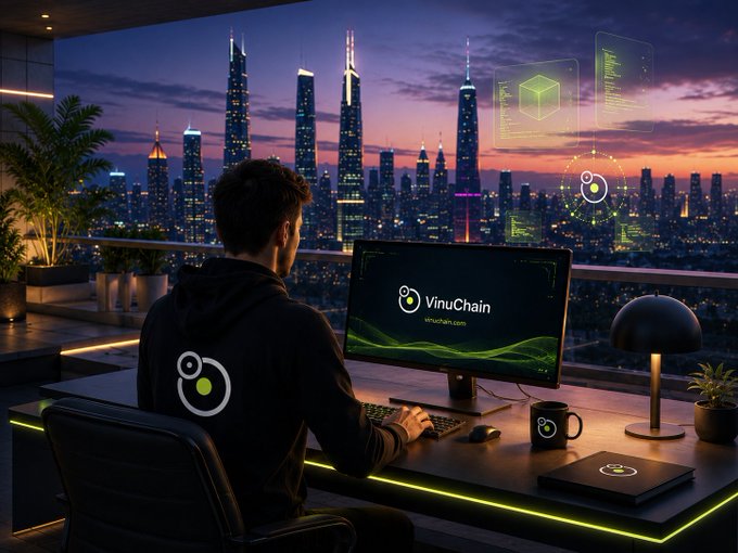 A digital rendering of a person sitting at a desk with a glowing green edge, working on a computer monitor displaying "VinuChain" and a logo, overlooking a futuristic city skyline at sunset.