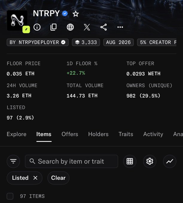 An NFT collection page for 'NTRPY' showing a floor price of 0.035 ETH, top offer of 0.0293 WETH, 24H volume of 3.26 ETH, and 982 unique owners.