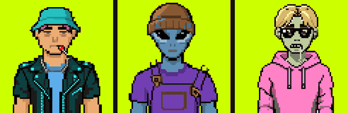 Three pixel art character portraits on a neon green background: a man in a teal bucket hat, a blue-skinned alien in a purple shirt, and a pale figure in a pink hoodie.