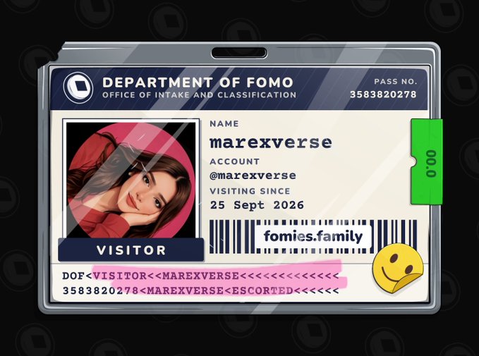A digital ID badge for the 'Department of FOMO, Office of Intake and Classification' for visitor 'marexverse' from account '@marexverse' visiting since '25 Sept 2026', featuring a pink profile picture.