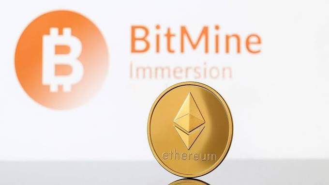 A gold Ethereum coin placed in front of a logo for 'BitMine Immersion' featuring the Bitcoin symbol.