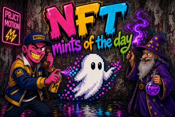 The image features vibrant graffiti-style artwork with the text "NFT mints of the day" alongside a pixelated ghost, a cartoon character spraying paint from a can, and a wizard holding a glowing purple potion flask, with a "PRJCT MOTION" neon sign in the background. The colorful street art aesthetic visually ties to the post highlighting three upcoming NFT mints, including @PrjctMotion, which is represented by the graffiti artist spraying the canvas.